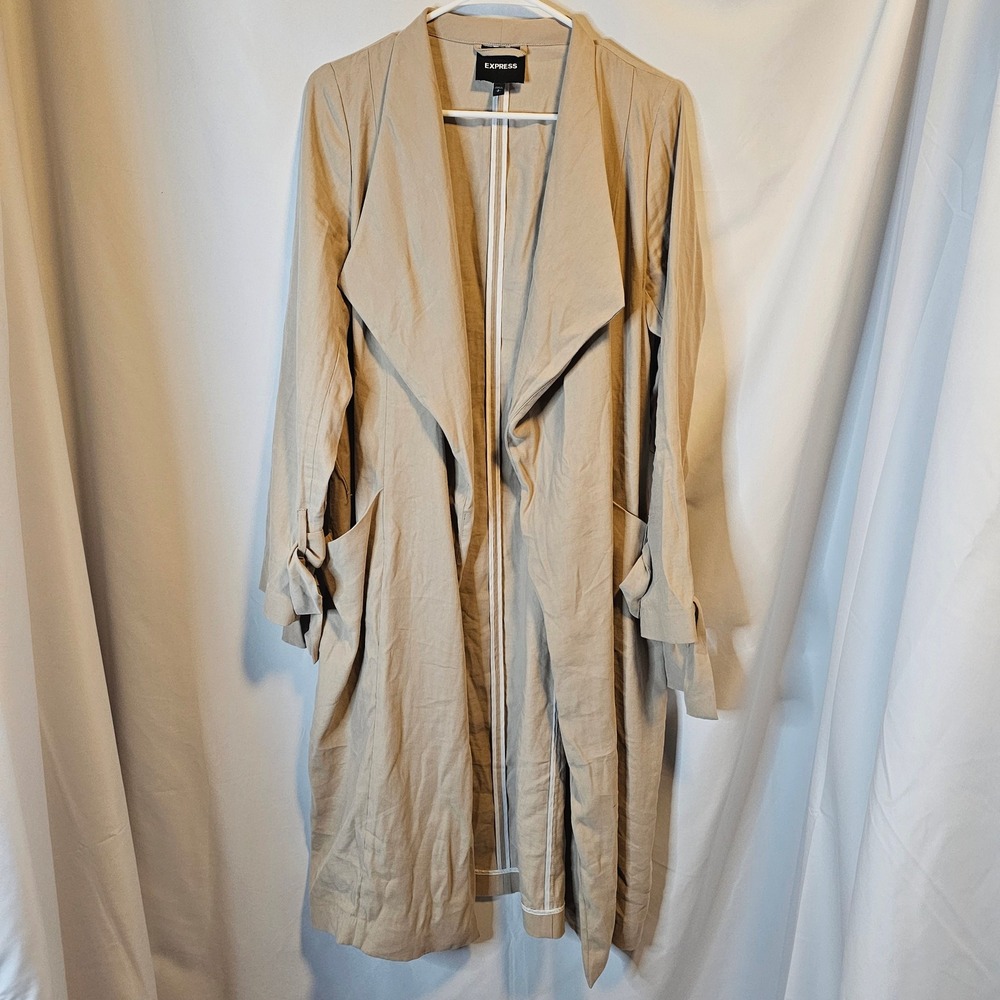Express Duster Trench Coat Small Tan Drape Front Tie Cuff Minimalist Chic DESC